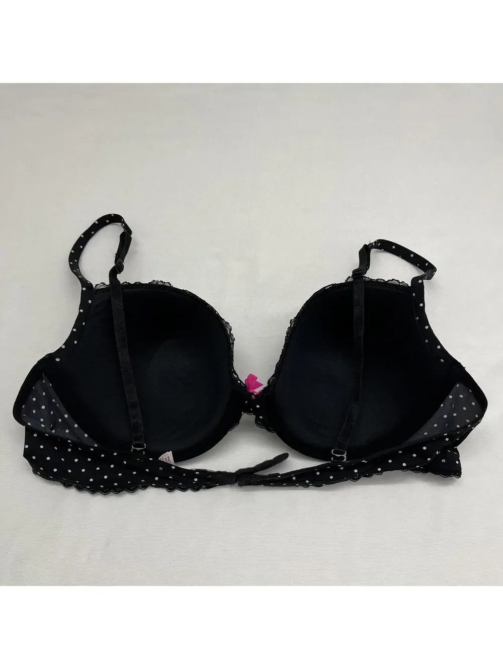 Y2K La Senza Black White Polka Dot Laced Bra With Pink Bow Sz 36B Scene Goth - Picture 4 of 9